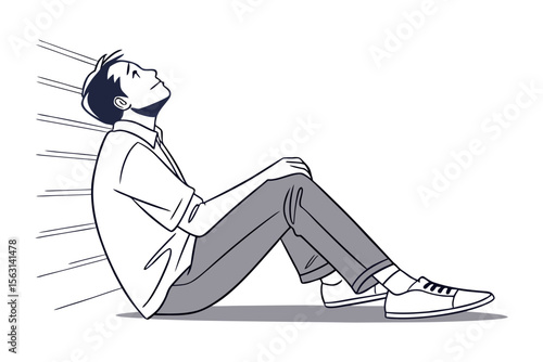A stylized black and white illustration of a young man sitting against a wall looking upwards with a hopeful or thoughtful expression