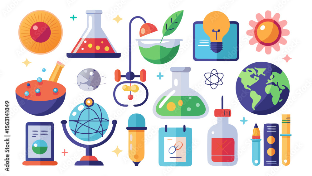 Collection of colorful science and education icons and symbols on white background Collection of colorful science and education icons and symbols on white background