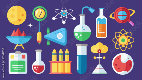 Collection of colorful flat design science and space exploration icons on a purple background