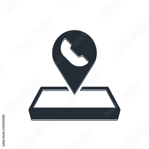 Black Map pointer with telephone or communication icon isolated on white background. Call center location. Vector
