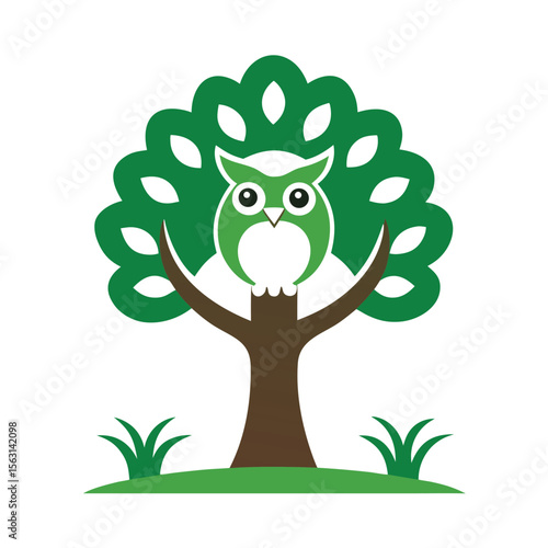An insightful vector icon of a tree with a wisdom owl perched on its branches, symbolizing knowledge, insight, and natural intelligence.