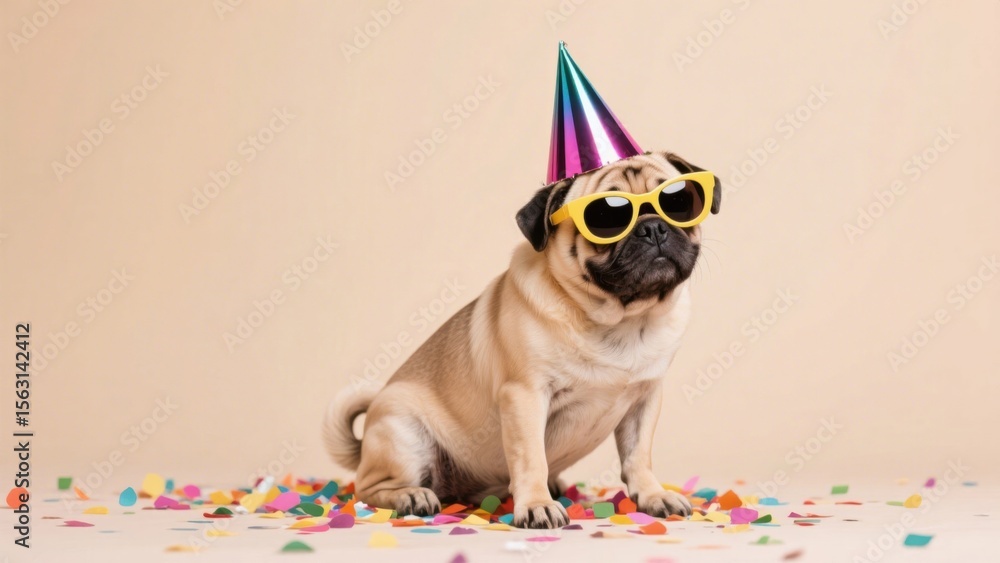 Fototapeta premium A cute pug celebrates a festive occasion wearing sunglasses and a colorful party hat, sitting among confetti against a neutral background .