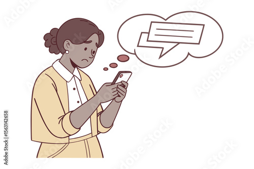 Worried woman looking at her phone with a thought bubble showing message notifications conveying anxiety about digital communication