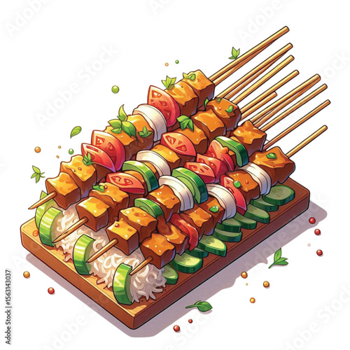 High resolution and high quality anime style vector illustration of SATE
brightly colored with some toppings on a simple white background.