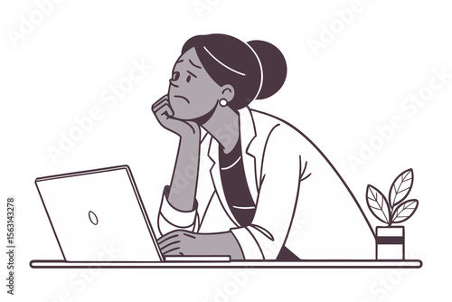 A bored or tired woman in a white blazer rests her chin on her hand while looking away from her laptop