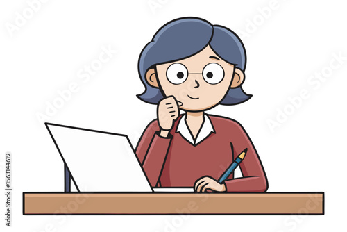 A thoughtful woman with blue hair and glasses sits at a desk contemplating while holding a pen and looking at a laptop screen