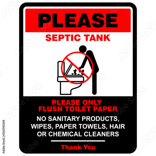 Please, septic tank, no sanitary product, wipes, paper towels, hair or chemical cleaners, sign vector