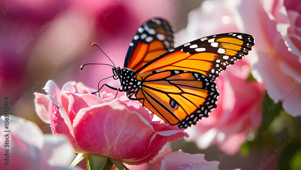 Naklejka premium A monarch butterfly rests gracefully on a delicate pink rose blossom