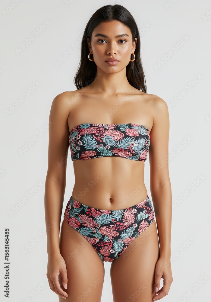 Fototapeta premium Stylish Tropical Print Bandeau Bikini Set High-Waisted Bottoms & Strapless Top for Summer