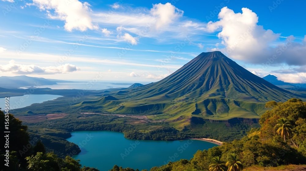 Naklejka premium A majestic stratovolcano dominates the landscape overlooking a serene turquoise lake and lush green vegetation under a vibrant blue sky.