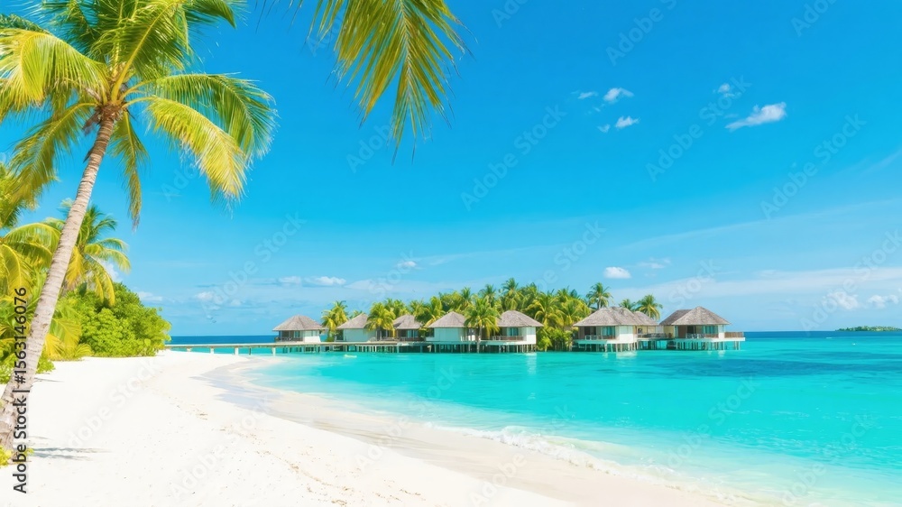 Naklejka premium Tropical Beach with Overwater Bungalows and Palm Trees