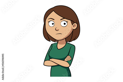 Cartoon illustration of a young woman with short brown hair and a green shirt looking displeased with her arms crossed