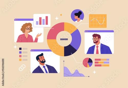 Online Business Analytics Concept. Vector illustration of diverse people in web page windows discussing statistical graphs. Isolated on background.