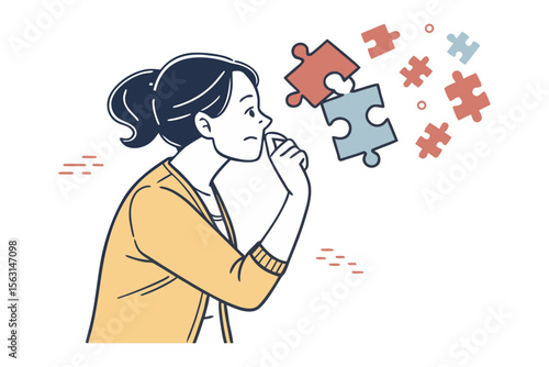A thoughtful woman contemplates a fragmented puzzle trying to connect the pieces to solve a complex problem or find a missing element