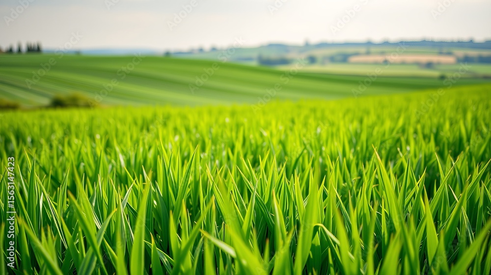Fototapeta premium Lush green grass field landscape with rolling hills in the scenic background under a bright sky.