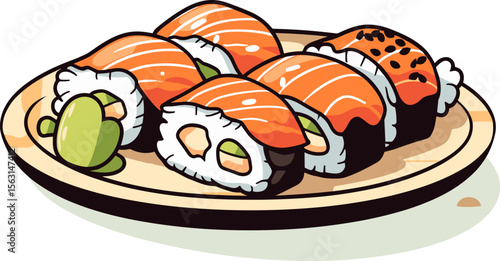 Vibrant Sushi Rolls with Salmon and Wasabi on a Plate