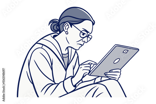 Focused woman wearing glasses concentrating on a tablet screen while sitting down