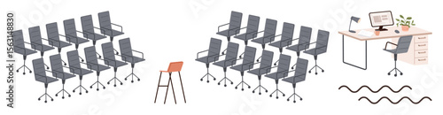 Lined chairs face an orange swivel chair, suggesting focus or leadership near a desk with computer, lamp, and plant. Ideal for office culture, teamwork, leadership, focus, organization productivity