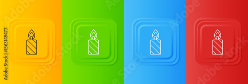 White Burning candle in candlestick icon isolated on colorful background. Cylindrical candle stick with burning flame. Set icons in square buttons. Vector
