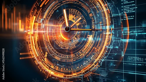 Futuristic digital clock interface with glowing elements, showcasing time and data in a high-tech environment