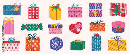 Christmas gift box vector. Collection of hand drawn gift box in different shapes and color, ribbon, bow, packaging. Happy Holiday Design for sticker, poster, invitation, greeting.