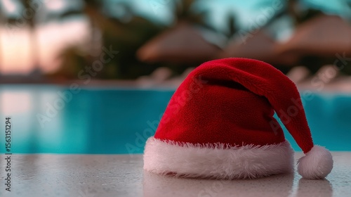 Christmas background banner santa claus red hat on swimming pool vacation holiday resort horizontal header for south holidays winter vacations. Festive winter getaway tropical poolside