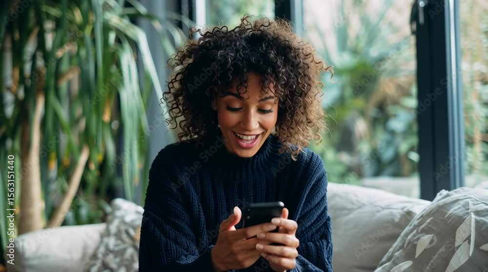 Happy woman sitting on the couch at home, looking at her phone and smiling. Happy woman sitting on the couch at home, looking at her phone and smiling.