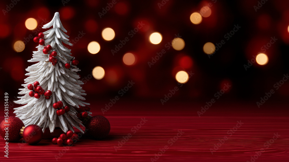 Obraz premium Christmas card with christmas tree. Festive winter holiday image featuring a decorated evergreen conifer.