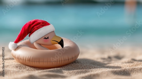 Christmas beach summer vacation flamingo pool float with santa hat travel background for winter holidays. Festive tropical getaway a whimsical winter escape featuring a pink aquatic bird