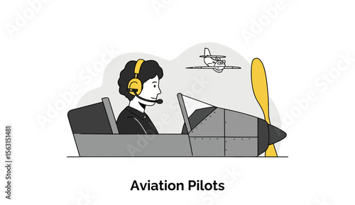 A confident aviation pilot in a crisp professional uniform is seated in the cockpit of an airplane, with a view of a small private plane on the tarmac behind them.