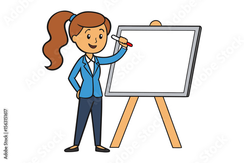 Friendly cartoon woman in a blue blazer and dark pants holding a marker and writing on a blank whiteboard on an easel