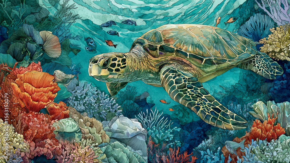 Naklejka premium Vibrant turtle swimming through coral reef, showcasing marine life
