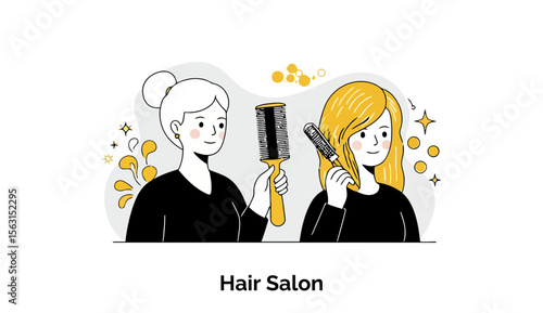 A friendly female hairstylist is talking with a client seated in a salon chair, recommending and demonstrating professional hair care products for the client's specific needs.