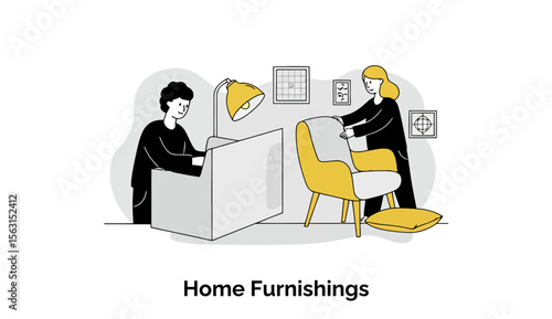 Young adults assisting with home furniture placement in a retail setting. Two people arranging a yellow chair in a modern home furnishing store.