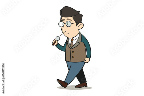 Cartoon detective with glasses and a magnifying glass intently examining something while walking with a focused expression