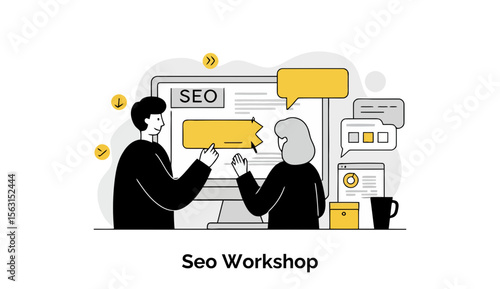 SEO Workshop. Two diverse professionals in business casual attire engage in an interactive SEO workshop, reviewing content on a large screen in a modern office setting.