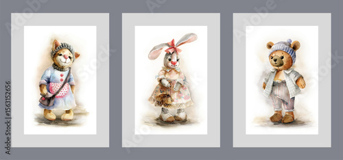Childrens soft toys in shape of animals dressed in summer clothes, for design of books for little kids. Watercolor posters with soft toys in retro style and with cat or hare and bear