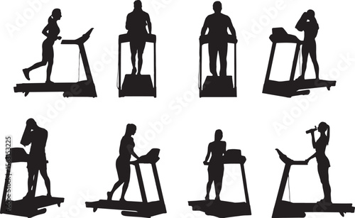 Vector Silhouette Collection: Clean and Bold Designs Sporty people training on treadmills against white background