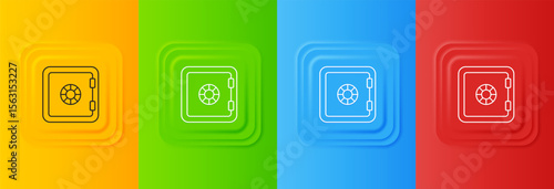 White Safe icon isolated on colorful background. The door safe a bank vault with a combination lock. Reliable Data Protection. Set icons in square buttons. Vector
