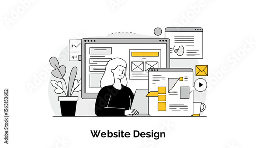 A female graphic designer in a black top, seated at a desk, actively working on multiple website design prototypes displayed on various screens.