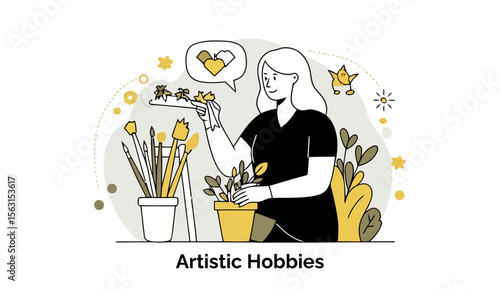 A woman with shoulder-length white hair in a black top, tending to plants and art supplies in a home studio setting. She gently cleans a piece of artwork, engaging in creative hobbies.