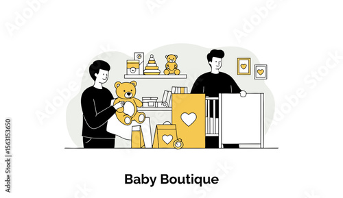 Young adult employees display baby products in a charming baby boutique. Two staff members interact with plush toys, showing a crib, and other supplies.