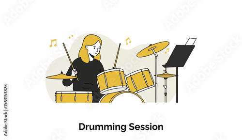 Young woman playing drums in a practice session. Female drummer in a black top playing drums in a music practice room.