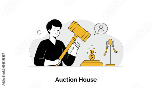 Young man in a black shirt at an auction house. Holding a gavel, with money symbols flying upwards, in a modern, minimalist illustration style.