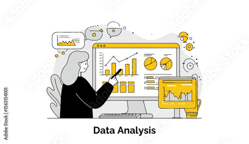 Female data analyst reviewing data on a computer screen, highlighting key elements of a report in a modern office setting. Presenting analytical information to gain insight from data trends.