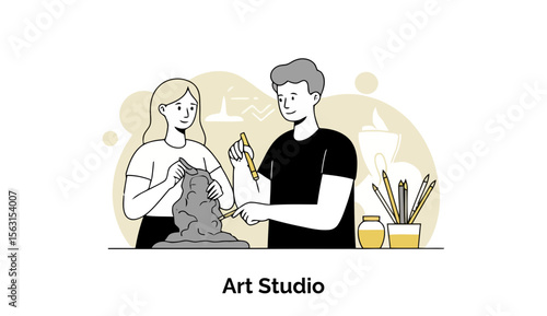Young adult female and male art students working on a clay sculpture in an art studio. Two students actively engaged in sculpting a clay figure with tools and supplies, in an art studio setting.