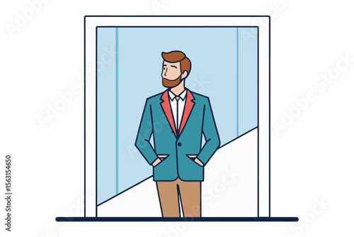 A stylishly dressed man with a beard stands with his hands in his pockets looking thoughtfully out a large window