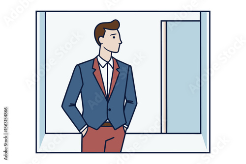 A stylishly dressed businessman in a blue suit and red pants stands with his hands in his pockets looking thoughtfully out a window
