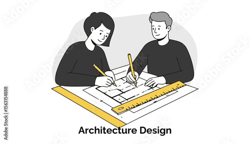 Two young adult architects in black sweaters collaborating on an architectural blueprint at a desk in an office setting.