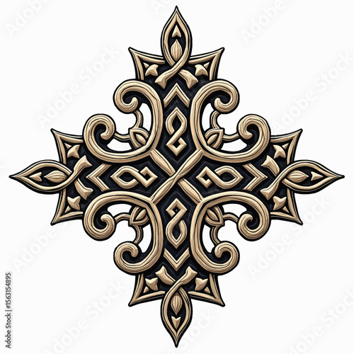 An elegant symmetrical cross emblem with ornate golden filigree and scrollwork on a black base, perfect for luxury branding, fantasy concepts, or jewelry design.
